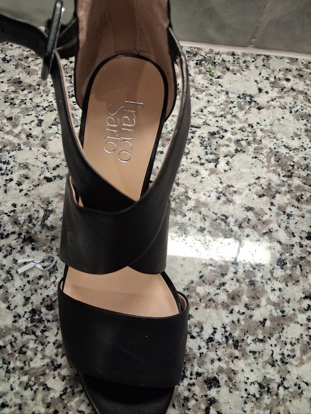New Franco Sarto Black Leather Cross-Strap Block Heel Sandals